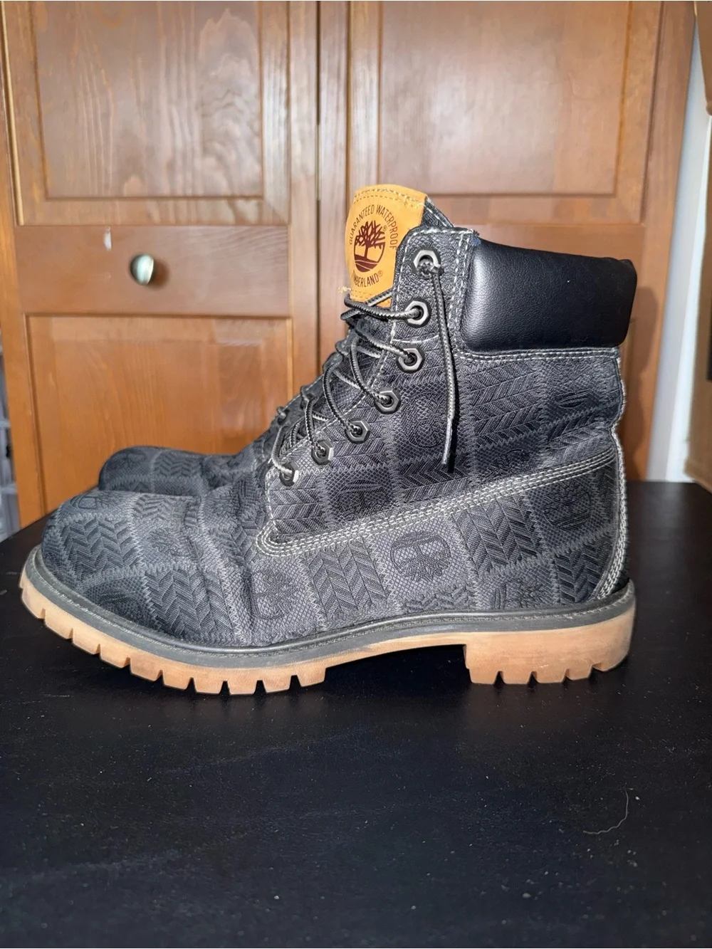 Timberland Men's Black Patterned Boots with Tan Outsole
